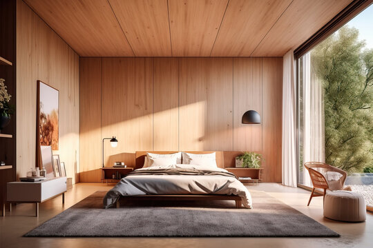 Generative AI illustration of modern bedroom interior with comfortable bed placed on carpet near panoramic window overlooking trees