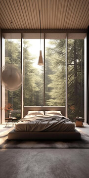 Generative AI illustration of modern bedroom interior with comfortable bed placed on carpet near panoramic window overlooking trees in apartment