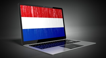 Netherlands - country flag and binary code on laptop screen - 3D illustration