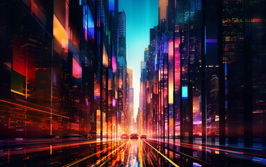 Fototapeta na wymiar An illustration of a futuristic city at night and a sci-fi vision of a futuristic neon city with bright blue, purple and red lights every day. AI generated.