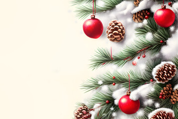 A Christmas-themed composition with red ornaments and pinecones, leaving a blank space on the left for custom text or design.