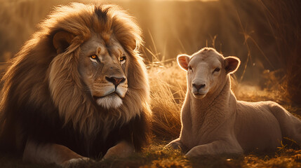 rei leão com ovelha juntos, simbolo da fé cristâ união das nações  - obrazy, fototapety, plakaty