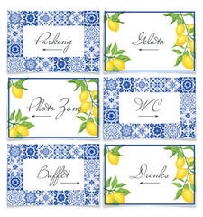 Blue tiles and lemon wedding signposts, vector 