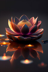 Fototapeta na wymiar Lotus flower closeup with small raindrops on a reflective surface. Generative AI_8.