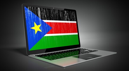 South Sudan - country flag and binary code on laptop screen - 3D illustration