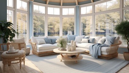 sun room inspiration white and blue living room decor in a spacious living room Generative AI