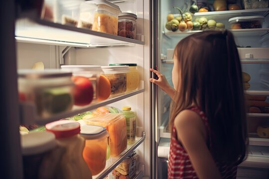 A young woman standing near an open fridge full of healthy food, vegetables, and fruits. A young girl full rear view looking at the foods in the Refrigerator, AI Generated