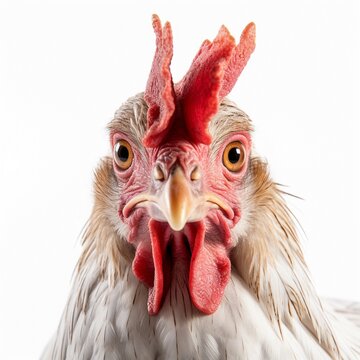 close up portrait of chicken head on a white background, funny animals theme, AI generative