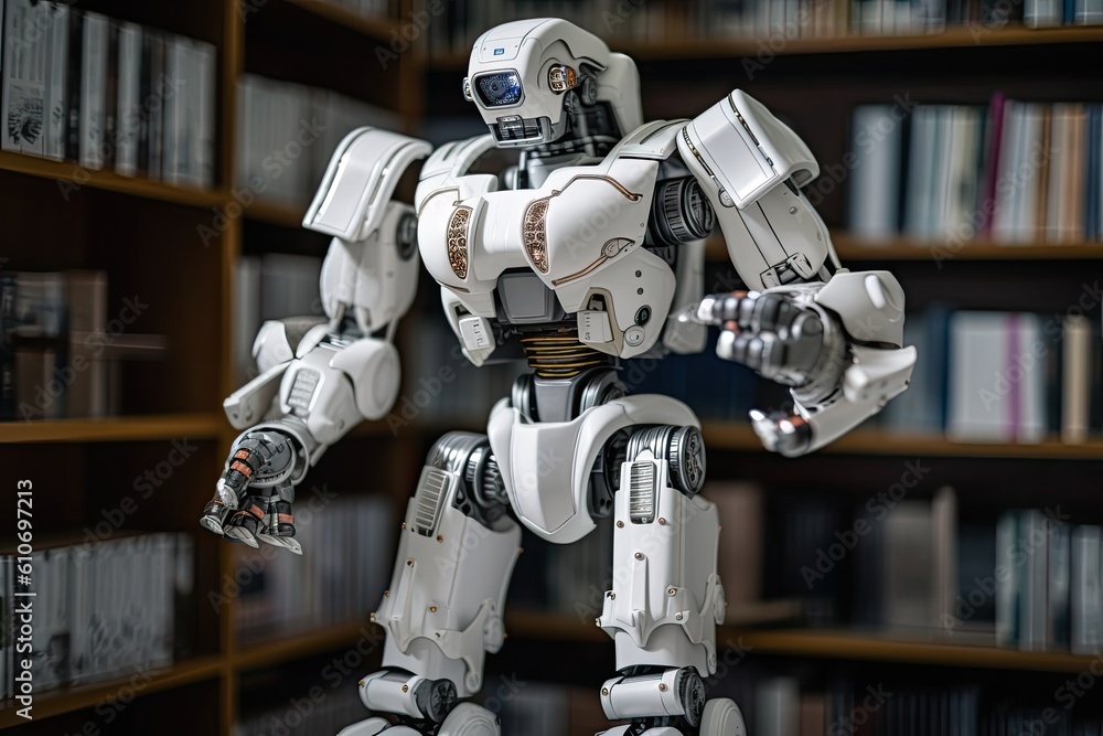 Poster robot on the background of bookshelves in the library. an ai robot librarian stocking books in a lib