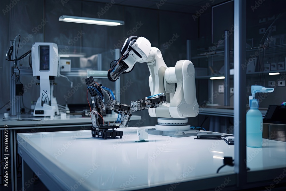 Poster robot in the laboratory. industrial robot working in the laboratory. an ai robot in a laboratory doi