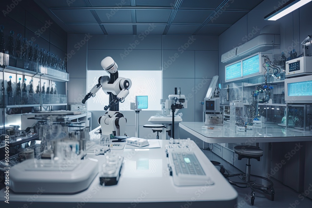 Poster 3d rendering humanoid robot working in the laboratory. technology and science concept. an ai robot i