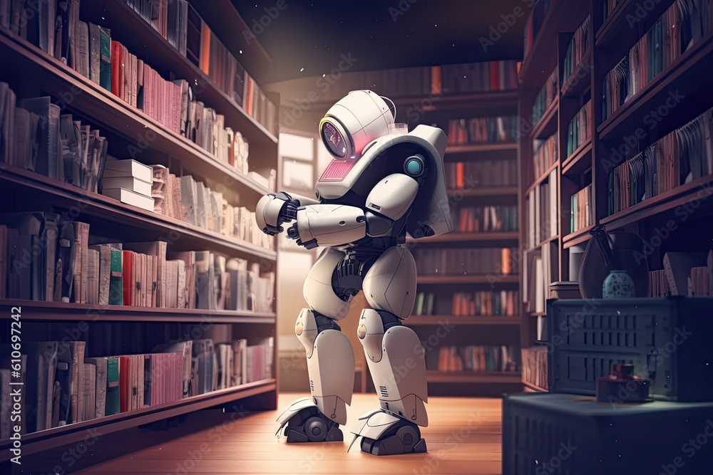 Poster robot in library. 3d rendering. robot and bookshelf. an ai robot librarian stocking books in a libra