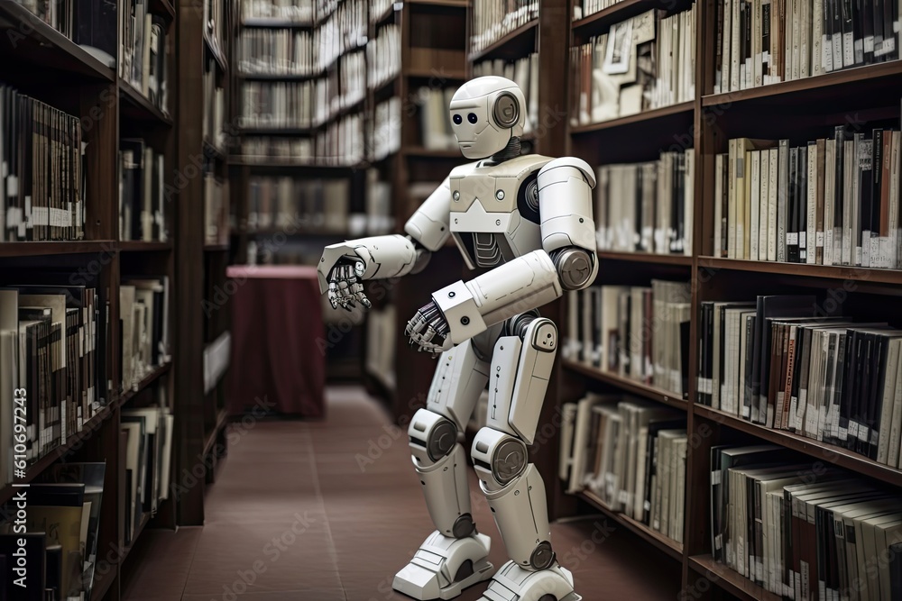 Poster robot in a library. education concept. 3d rendering. an ai robot librarian stocking books in a libra