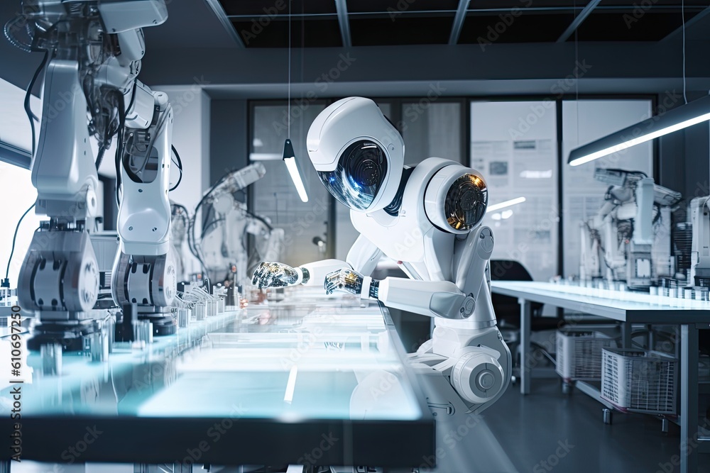Poster 3d rendering robot working in the laboratory, artificial intelligence and machine learning concept, 