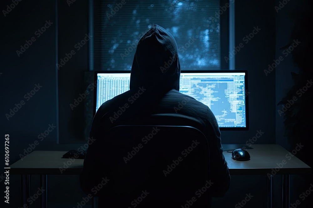 Poster hooded hacker sitting in front of computer monitor in a dark room, an anonymous hooded hacker full r