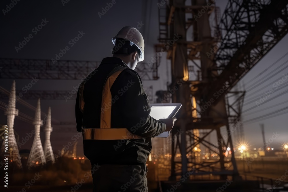 Poster engineer or technician using digital tablet computer on construction site at night,with a circuit bo
