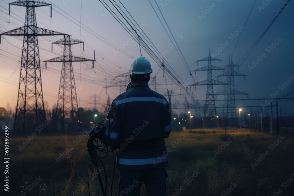 Poster electrician in uniform and helmet standing in front of high voltage towers, an electrical engineer r