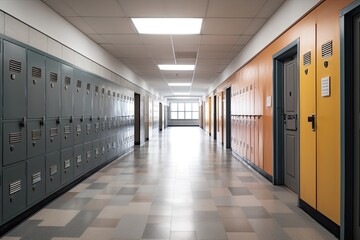 Row of lockers in a school corridor. 3d render. An empty high school corridor interior view with lockers , AI Generated