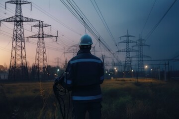 Electrician in uniform and helmet standing in front of high voltage towers, An electrical engineer rear view working with a circuit board and various electronic components, AI Generated