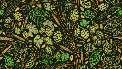 Green hop, malt seamless print. Vintage background