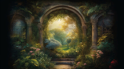 Entrance to the beautiful secret garden. AI illustration, fantasy digital, Generative AI - obrazy, fototapety, plakaty