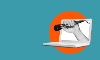 Collage art, human hand hold the microphone in the laptop