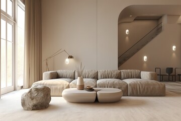 Slow Living Light Modern Living Room Interior With Curved Walls And Organic Boulder Rock Structure On Light Flooring Made With Generative AI