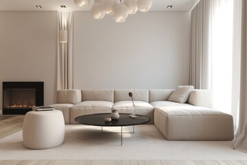 Amazing Organic contemporary living room interior with neutral color palette white walls and minimal styled coffee table made with Generative Ai