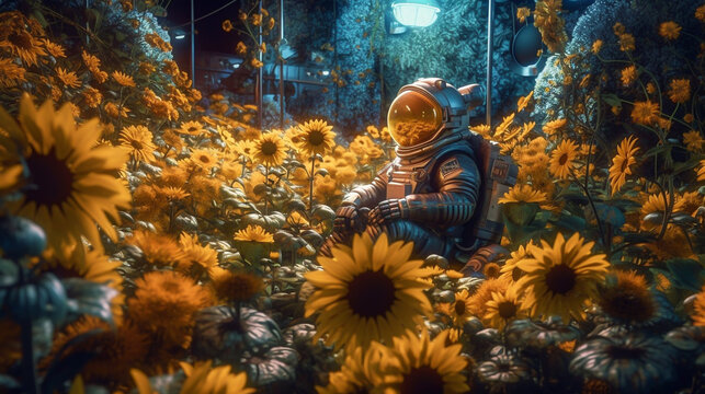 AI-Generated Cosmic Sunflower: Astronaut Amongst Fantastical Blooms, Vivid Yellows, and Futuristic Landscapes