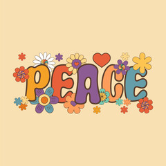 Peace word with flowers, hippie floral clipart, isolated vector illustration