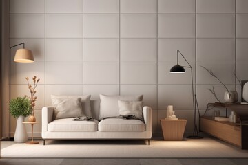 Cozy Living Room Mockup Interior with Soft Cushioned Accent Wall and Double Floor Lamps Made with Generative AI