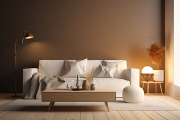 Brown Slow Living Mockup with Modern Living Room and Linen White Sofa and Table Lamp on End Table Made with Generative AI
