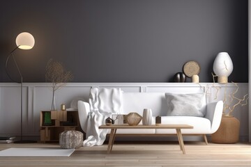 Beautiful Grey Minimal Living Room Mockup with Floor Lamp and Parisian Moulding Made with Generative AI
