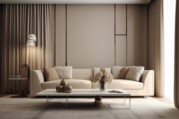 Fototapeta na wymiar Beautiful Cozy Minimal Sustainable Modern open concept spacious low sofa professionally styled made with Generative Ai