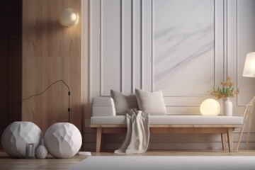 Calm Sustainable slow living open concept living room interior with organic wood accents minimal styled furniture made with Generative Ai - obrazy, fototapety, plakaty