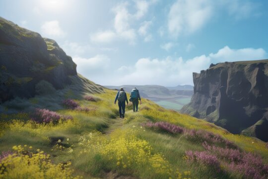 Couple of Adult Hikers Walking Through Wildflower Meadow on Cliffside with Cloudy Blue Sky Made with Generative AI