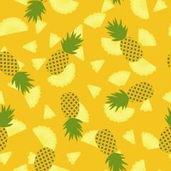 Vector botanical seamless pattern with tropical fruits. Exotic pineapples, ananas on yellow background