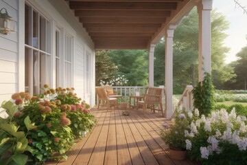 Beautiful  Southern Country Living Covered Front Porch with Wild Flowers in Summer on a Warm Day with Beautiful Trees and Fields Made with Generative AI
