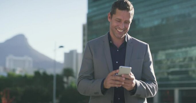 Smartphone, outdoor and laughing professional man reading funny business message, online meme or email notification. Comedy joke, city portrait or male agent laugh at media, humor or mobile app comic