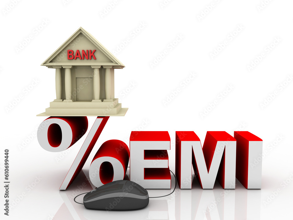 Poster 3d rendering build bank with emi percentage connected mouse