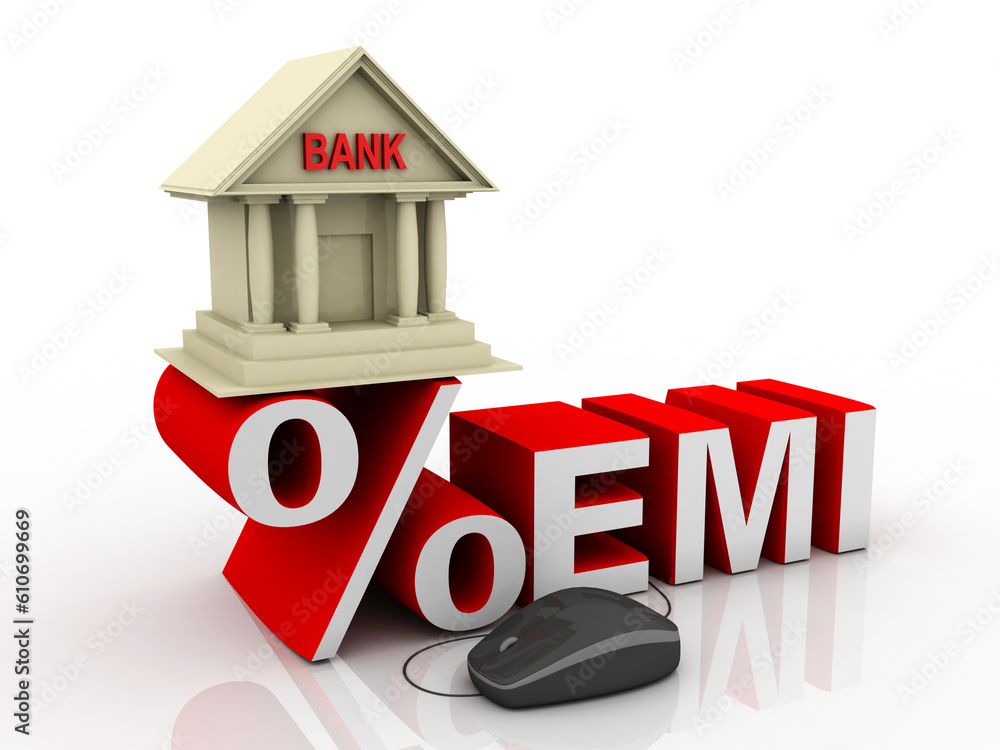 Poster 3d rendering build bank with emi percentage connected mouse