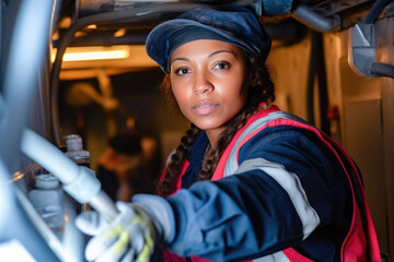 A young black female plumber working to fix a problem in a house. Generative AI. 