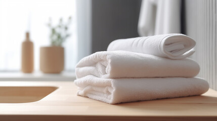 Fototapeta na wymiar toalhas de banho brancas em ambiente de cliníca spa de beleza e saúde 