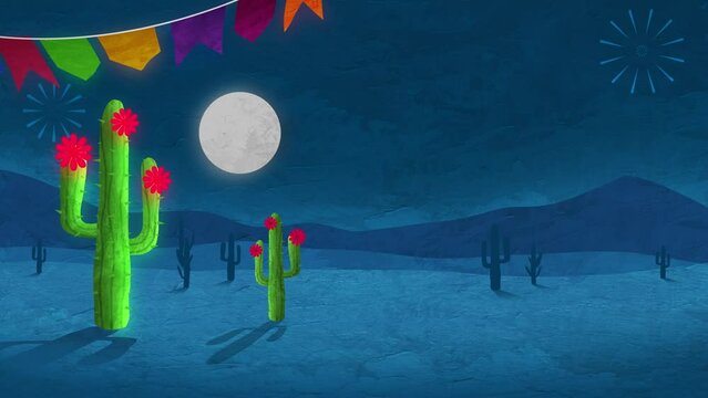 Fundo S&atilde;o Jo&atilde;o Festa Junina Mandacaru Nordeste, molhar c&eacute;u ver&atilde;o arte caricatura azul verde pintura ilustra&ccedil;&atilde;o vector paisagem &aacute;rvore natureza