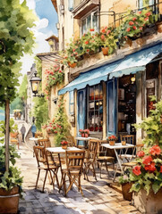 Watercolor illustration of a typical facade of a European street cafe. Decorated with colorful flowers. Customer chairs and tables with vintage designs in the outside space of the store.