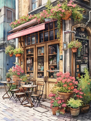 Fototapeta na wymiar Watercolor illustration of a typical facade of a European street cafe. Decorated with colorful flowers. Customer chairs and tables with vintage designs in the outside space of the store.