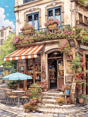 Fototapeta premium Watercolor illustration of a typical facade of a European street cafe. Decorated with colorful flowers. Customer chairs and tables with vintage designs in the outside space of the store.