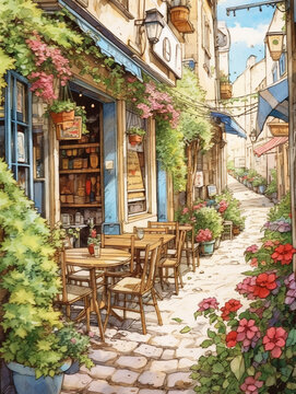 Watercolor illustration of a typical facade of a European street cafe. Decorated with colorful flowers. Customer chairs and tables with vintage designs in the outside space of the store.