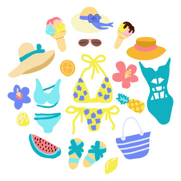 A beach summer round composition with a set of summer elements in a flat cartoon doodle style. Swimwear, flip-flops, seashells, swimming circles, sunglasses, lemon and ice cream in a cute doodle style