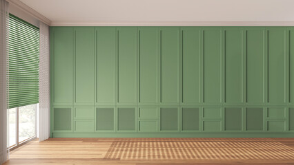 Interior walk-in closet, simple classic style in green tones. Window with blinds. Empty room design, wardrobe background with parquet wooden floor